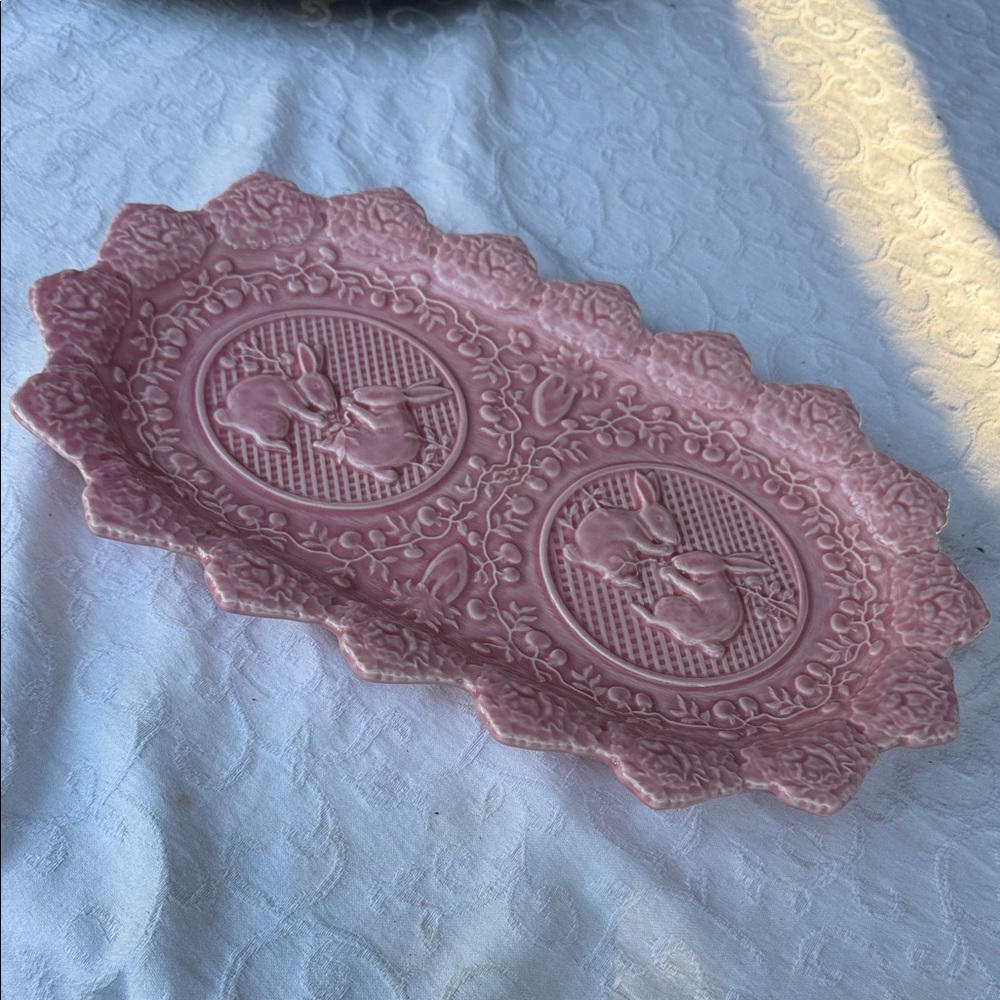 Vintage discontinued Bordallo Pinheiro pink Bunny Tray  13” X8.5”